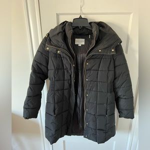 Cole Haan Black Zip Up Parka. Size Large. Gold Zippers with hood.